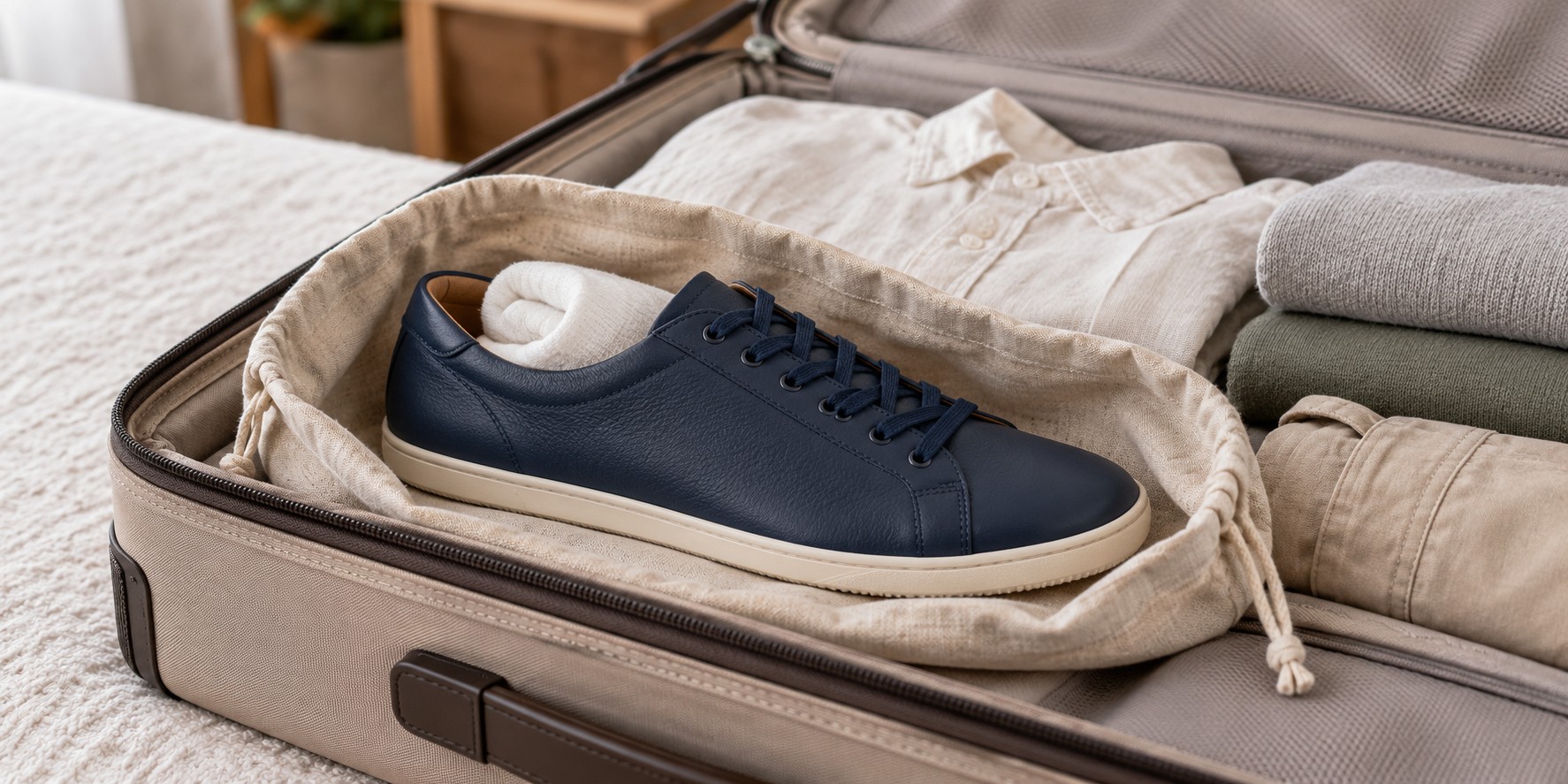 Symbolbild eines dunkelblauen Ledersneakers im offenen Stoffbeutel in einem Koffer
