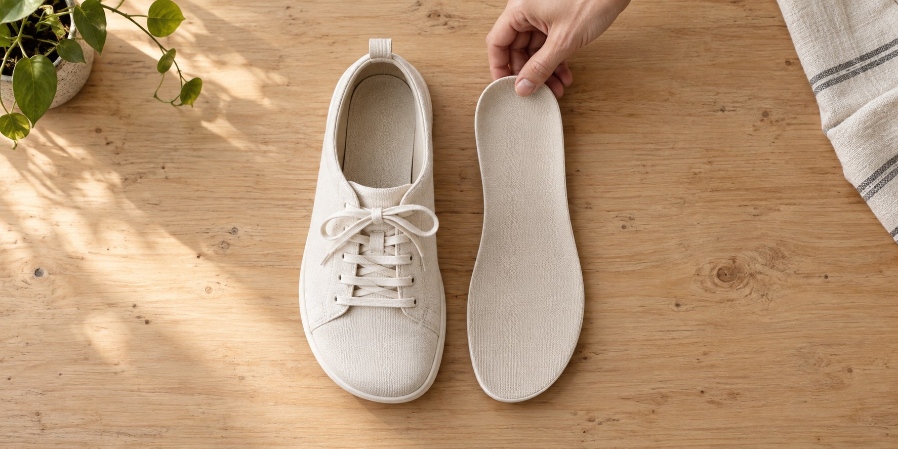 Removable insole beside a light barefoot sneaker for a fit check