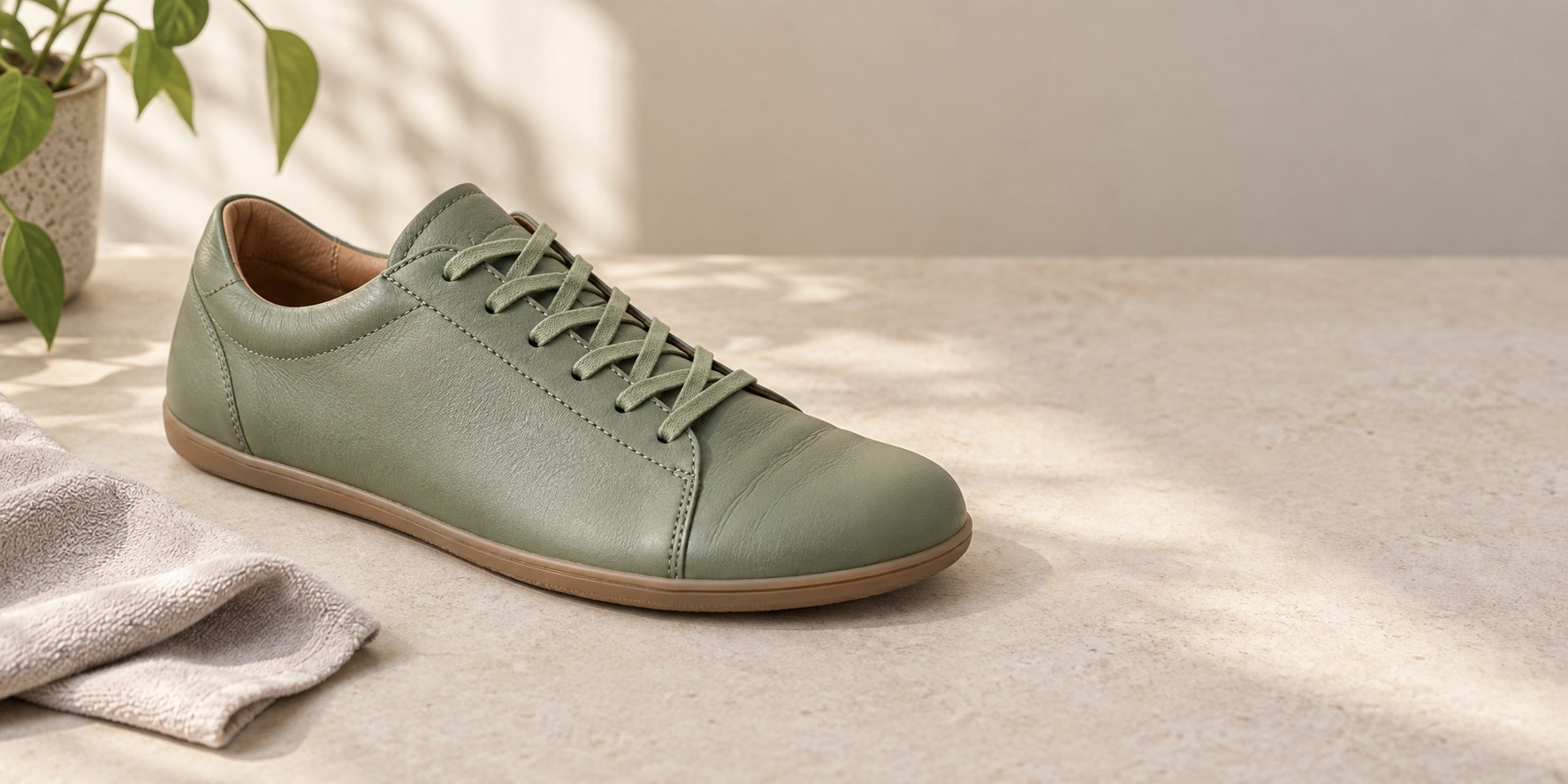 Pantof barefoot din piele verde cu cute fine și naturale