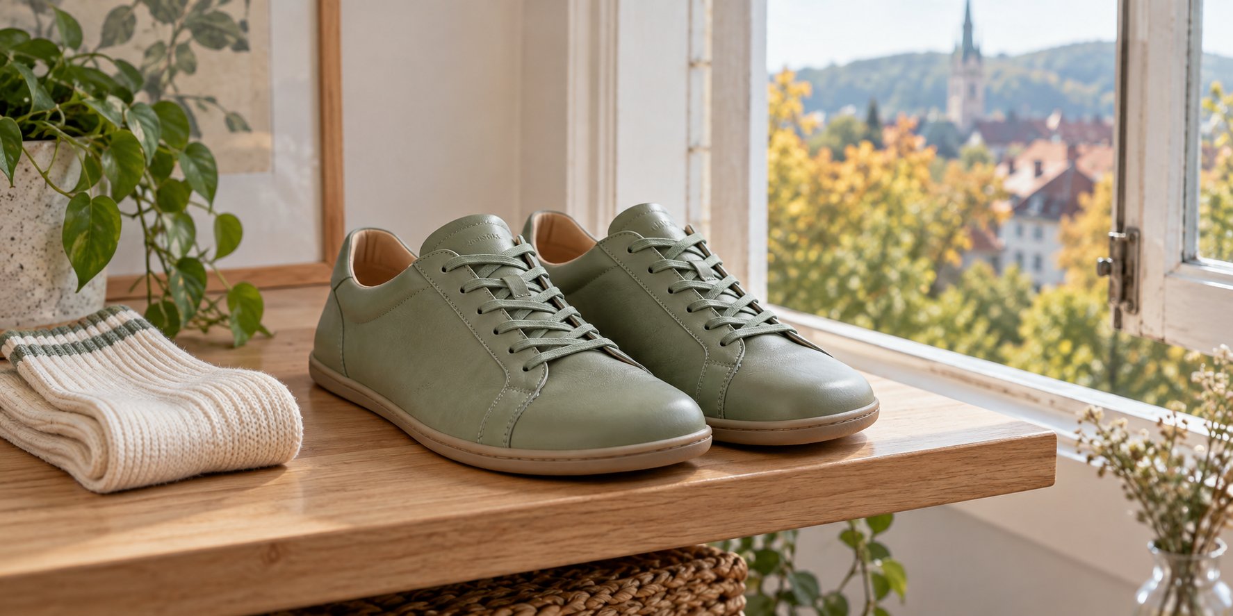 Barfodssneakers i læder med løsnede snørebånd lufter ud ved et vindue