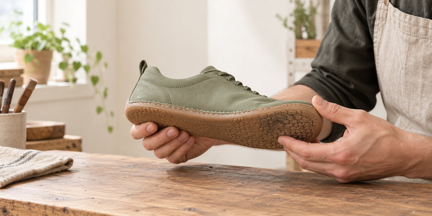Schuhmacher prüft die dünne genähte Sohle eines Barfuß-Sneakers