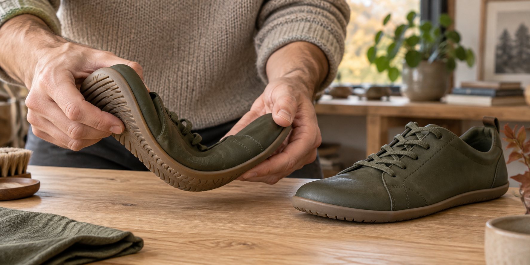 Ruce ohýbají tenkou podrážku zelených barefoot tenisek