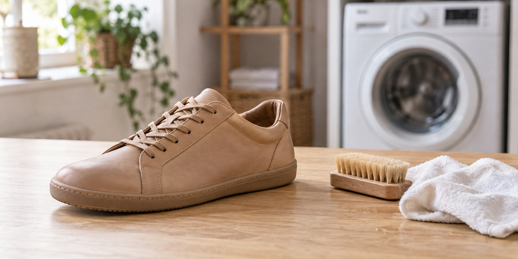 Leder Barfuß Sneaker mit Bürste und Tuch vor geschlossener Waschmaschine