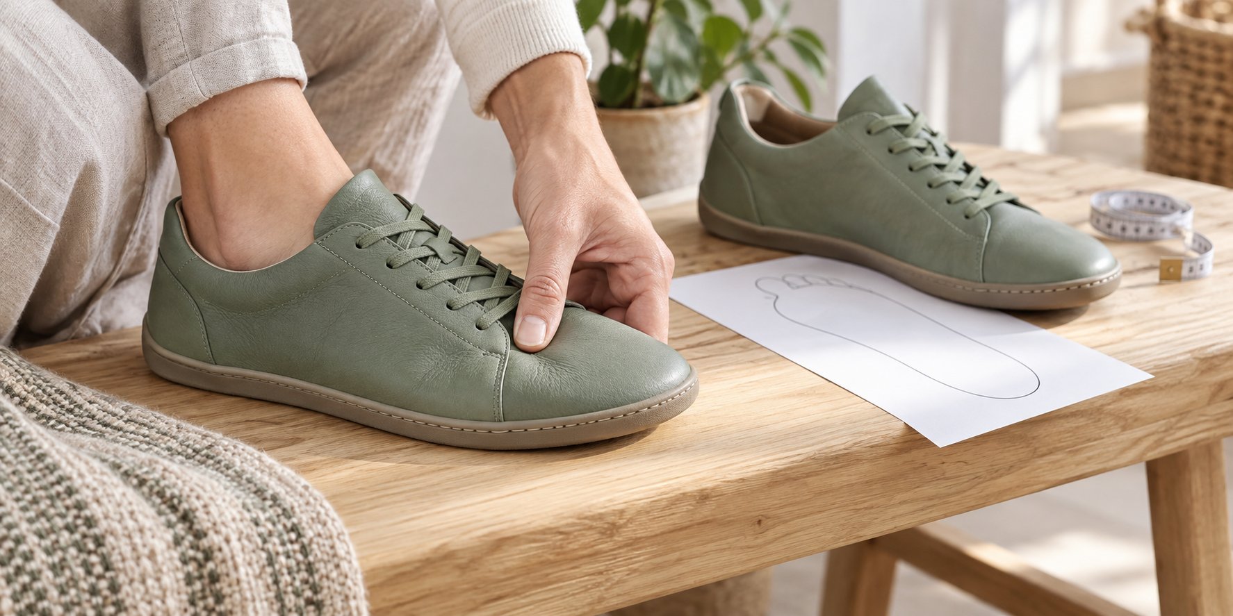 Prüfung des Lederobermaterials eines Barfußsneakers neben einer Fußskizze